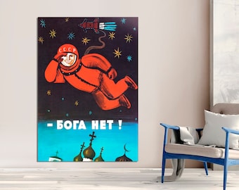 Yuri Gagarin Cosmonaut Canvas Art Print, USSR Anti Religious Propaganda