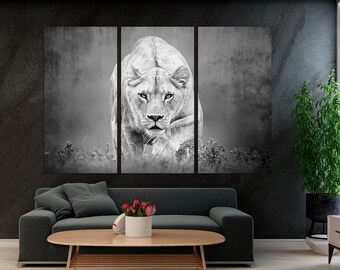 Black and White Lion Canvas Print, Modern Wildlife Triptych, Ready to Hang