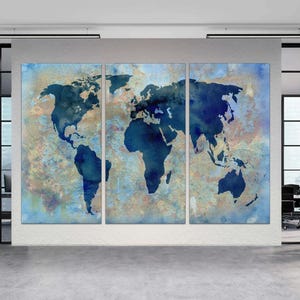 Abstract World Map Wall Art, Large 3-Panel Canvas Print, Traveler Gift, Modern Map of the World Decor, Gift for New Office, Ready to Hang.