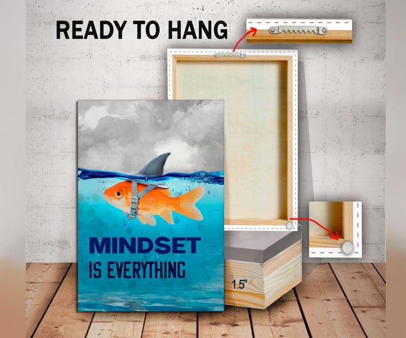 May include: A canvas print with a motivational quote, "Mindset is Everything", featuring a goldfish wearing a shark fin. The print is ready to hang with a 1.5 inch wooden frame.