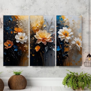 Abstract Colorful Flower Wall Art Set, 3-Panel Floral Canvas Print, Ready to Hang, Gallery Style Floral Home Decor, Botanical Large Wall Art