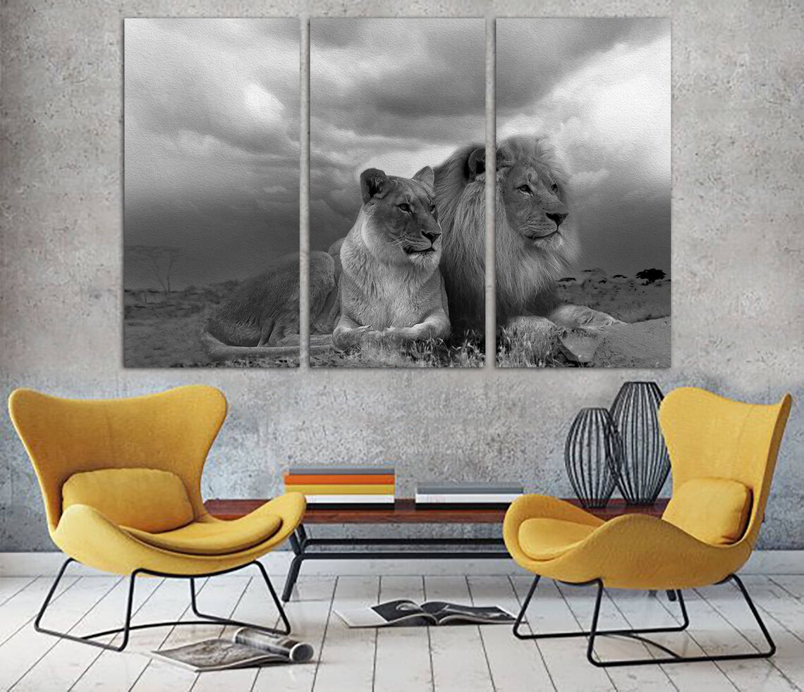 3 Panel Canvas Split black and white African Lion and Lioness | Etsy