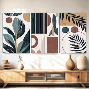 Large Floral Canvas Wall Art Prints Set of 3 Tropical Leaves Abstract Shapes Illustrations Mid Century Modern Art Boho Decor Ready to Hang.