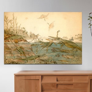 Duria Antiquior Art Print, Jurassic Period Art, Antique Paleoart, Dinosaur Wall Art, Pterodactyl,Plesiosaur Print CANVAS Print Ready to Hang