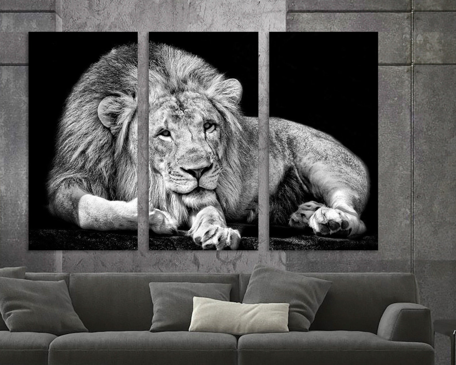 3 Panel Canvas Split Black and White Lion Canvas Art Lion Etsy