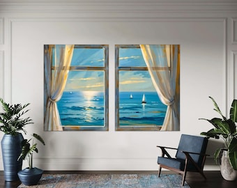 Ocean View Canvas Print Set, Coastal Seascape Window, Beach House Decor
