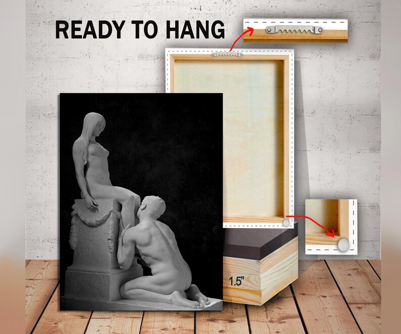 May include: Black and white canvas print of a sculpture of two figures. The sculpture is of a woman sitting on a pedestal and a man kneeling in front of her. The print is ready to hang and comes with a 3.8 cm deep frame.