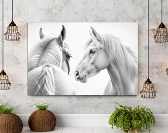 Black and White Horses Canvas Print, Romantic Equine Wall Art