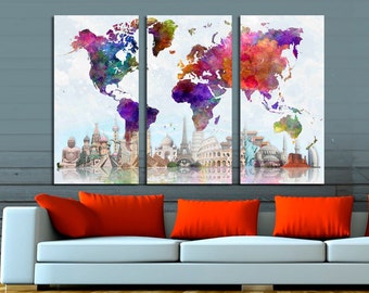 3 Panel Split Abstract World Map Canvas Print,1.5" deep frames,Triptych, Map wall art, for home/office wall decor & interior design.