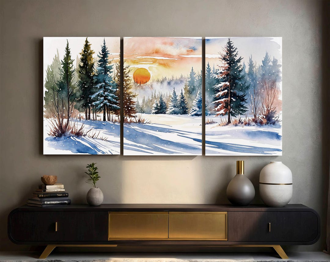 Misty Forest Sunset Canvas Art Print Set of 3: Watercolor Pine Tree ...