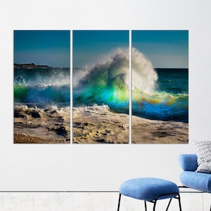 3-Panel Canvas, Blue Ocean Wave, Large Ocean Great Surfing Wave Large Wall Art, Coastal Print,     Ocean Wave Wall Art CANVAS Ready to Hang.