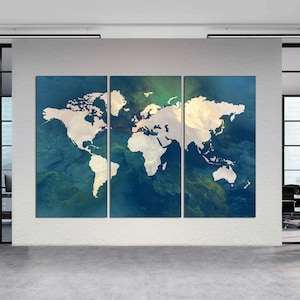 3-Panel Canvas, Abstract World Map Wall Art, Modern World Map Print, Travel Map Gift, Large World Map   Office Decor, CANVAS Ready to Hang.