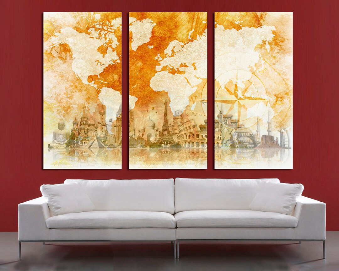 3 Panel Split Abstract World Map Canvas Print,1.5" Deep Frames,triptych ...