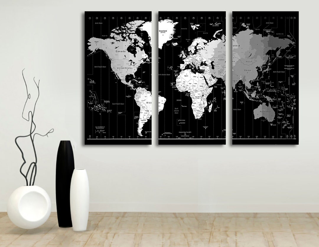 World Timezone Map Wall Art Canvas Print, Deep Frames,triptych, Watercolor Effect Map, for Home