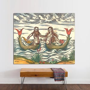 Medieval Mermaids Print, Antique Mermaid and Merman,Vintage Mermaid Art, Mythical Creatures Art, Nautical Wall Art, CANVAS Art Ready to Hang
