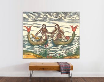 Medieval Mermaid and Merman Canvas Print, Nautical Wall Art