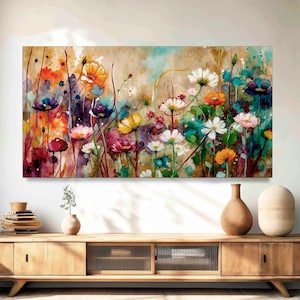 Framed Wildflowers Canvas Print, Retro Farmhouse Wall Art, Boho Botanical Rustic Home Decor, Large Living Room Art Canvas Ready to Hang.