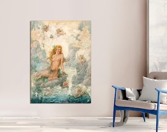 Little Mermaid Canvas Print, Vintage Sea Nymph, Fairy Art, Ready to Hang