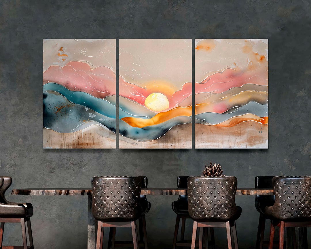 Boho Mountain Sunset Canvas Print, Mid Century Modern 3-panel Wall Art ...