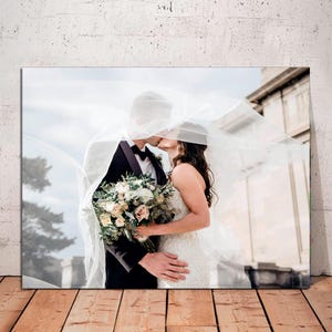 May include: A bride and groom kiss under a white veil, with a bouquet of white and green flowers in the bride's hand.