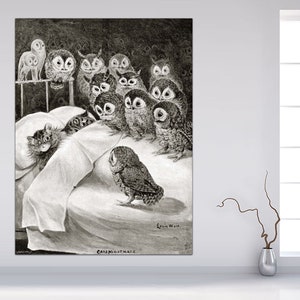May include: A black and white illustration of a cat in bed being surrounded by owls. The caption reads "Cats Nightmare".