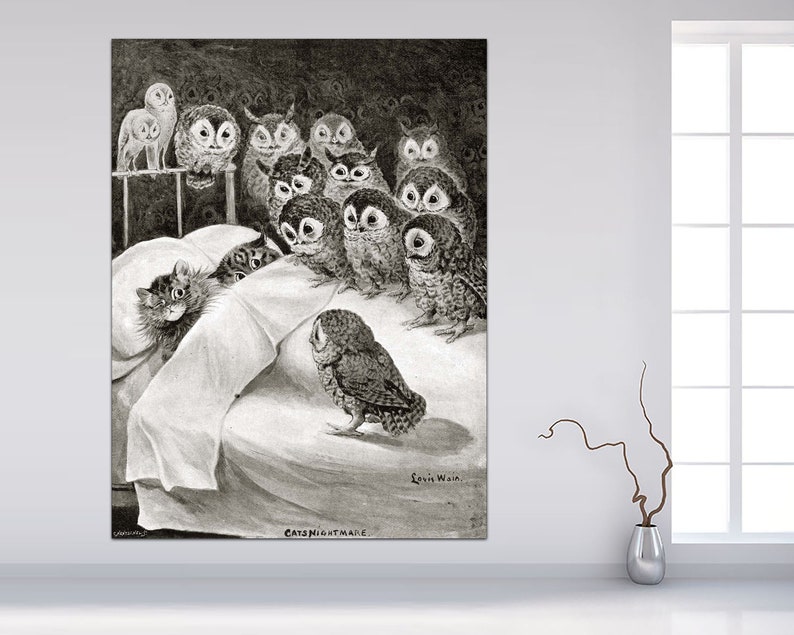 May include: A black and white illustration of a cat in bed being surrounded by owls. The caption reads "Cats Nightmare".