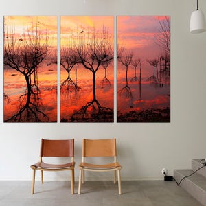 3 Panel  Canvas Split, tree branches submerging in water showing mirror reflection, wall art, Print on Canvas, Interior, wall art, canvas.