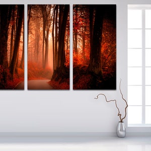 Red Autumn Forest Canvas Print, 3 Panel Nature Wall Art image 5