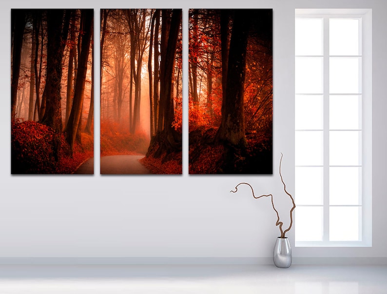 Red Autumn Forest Canvas Print, 3 Panel Nature Wall Art image 5