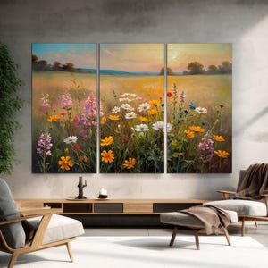 Wildflower Field Wall Art, Vintage Botanical Landscape Canvas, Floral Decor, Modern Farmhouse Canvas, Field Of Flowers Canvas Ready to Hang.