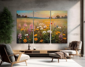 Vintage Wildflower Field Canvas Art, Botanical Landscape, Ready to Hang