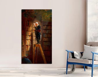 The Bookworm by Carl Spitzweg, Library Ladder, Gallery Wrapped Canvas Art
