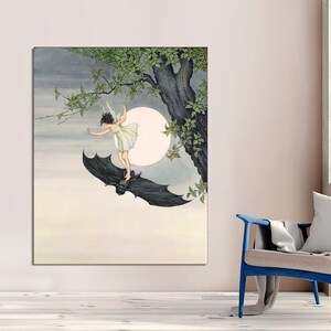 CANVAS READY to HANG, Vintage Fairy Riding a Bat Art Print, Ida Rentoul Outhwaite illustration, Antique Fairy Tale Wall Art, Full Moon Art.