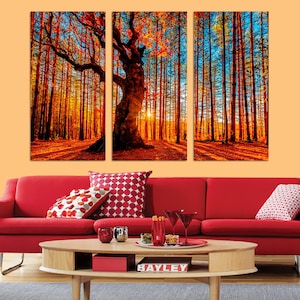 Bosque de hojas rojas, lienzo dividido en 3 paneles, arte de pared grande de bosque rojo, impresión de bosque otoñal para sala de estar, arte de granja LIENZO listo para colgar.