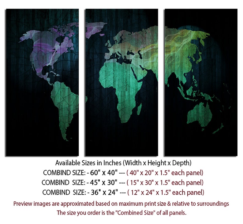 Art for homeoffice wall decor /& interior design. 3 Panel Split Abstract World Map Canvas Print,1.5 deep frames,Triptych