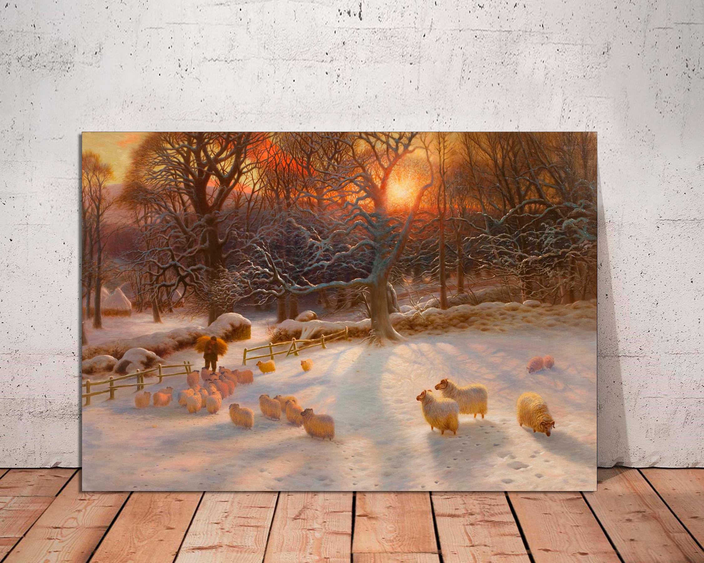 Winter Sunset Landscape Canvas Print, Sheep, Joseph Farquharson