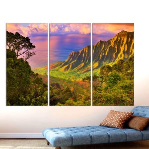 Kauai Hawaii Wall Art 3-Panel Canvas Set, Hawaiian Islands Poster, Hawaii Wall Decor Ready to Hang, Tropical Island Artwork Large Nature art