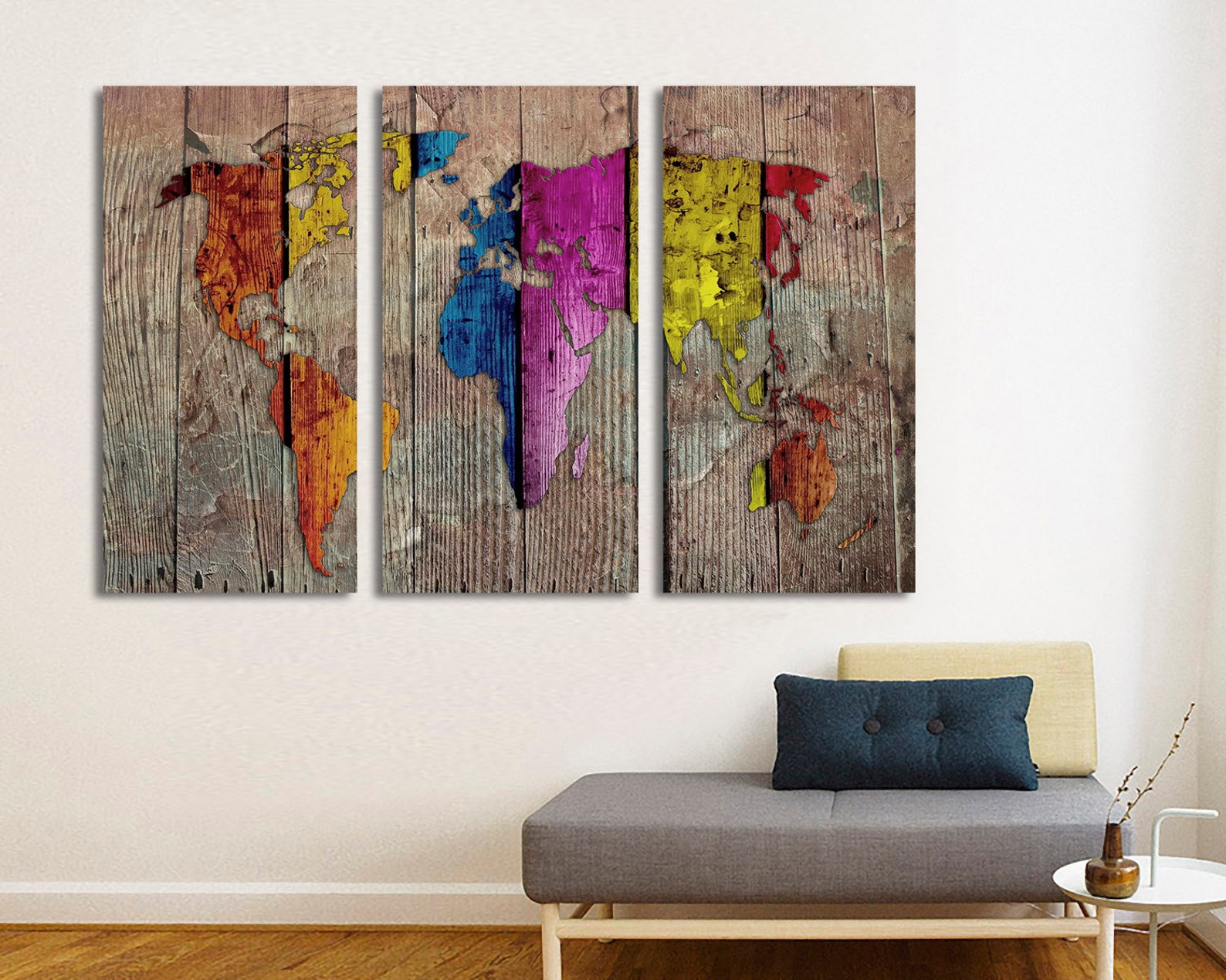 Abstract World Map Canvas Print, Wood Texture, 3 Panel Split - Etsy
