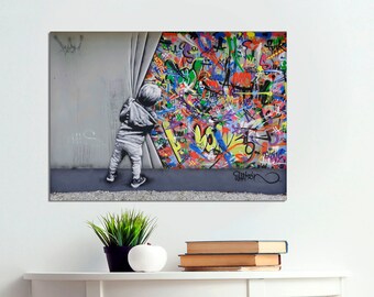 Banksy Behind the Curtain Canvas Print, Graffiti Art, Ready to