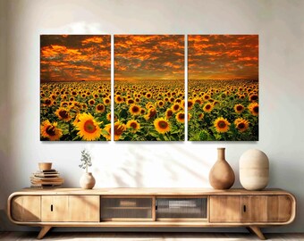 Sunflower Field Sunset, 3-Panel Canvas Wall Art, Floral Home Decor
