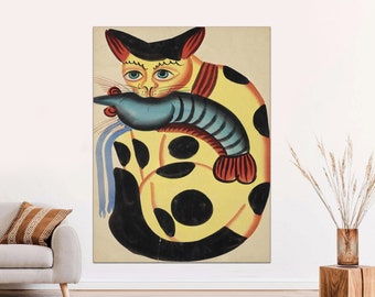 Cat Stealing Prawn Canvas Print, Kalighat Indian Folk Art, Ready to Hang