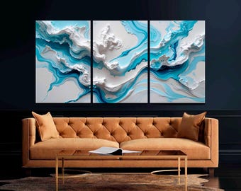 Large Framed Abstract Canvas Art, Modern Teal White Texture, 3-Panel Set