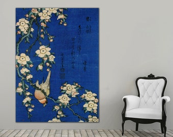 Hokusai Canvas Art Print, Weeping Cherry and Bullfinch, Japanese Art, Ready to Hang