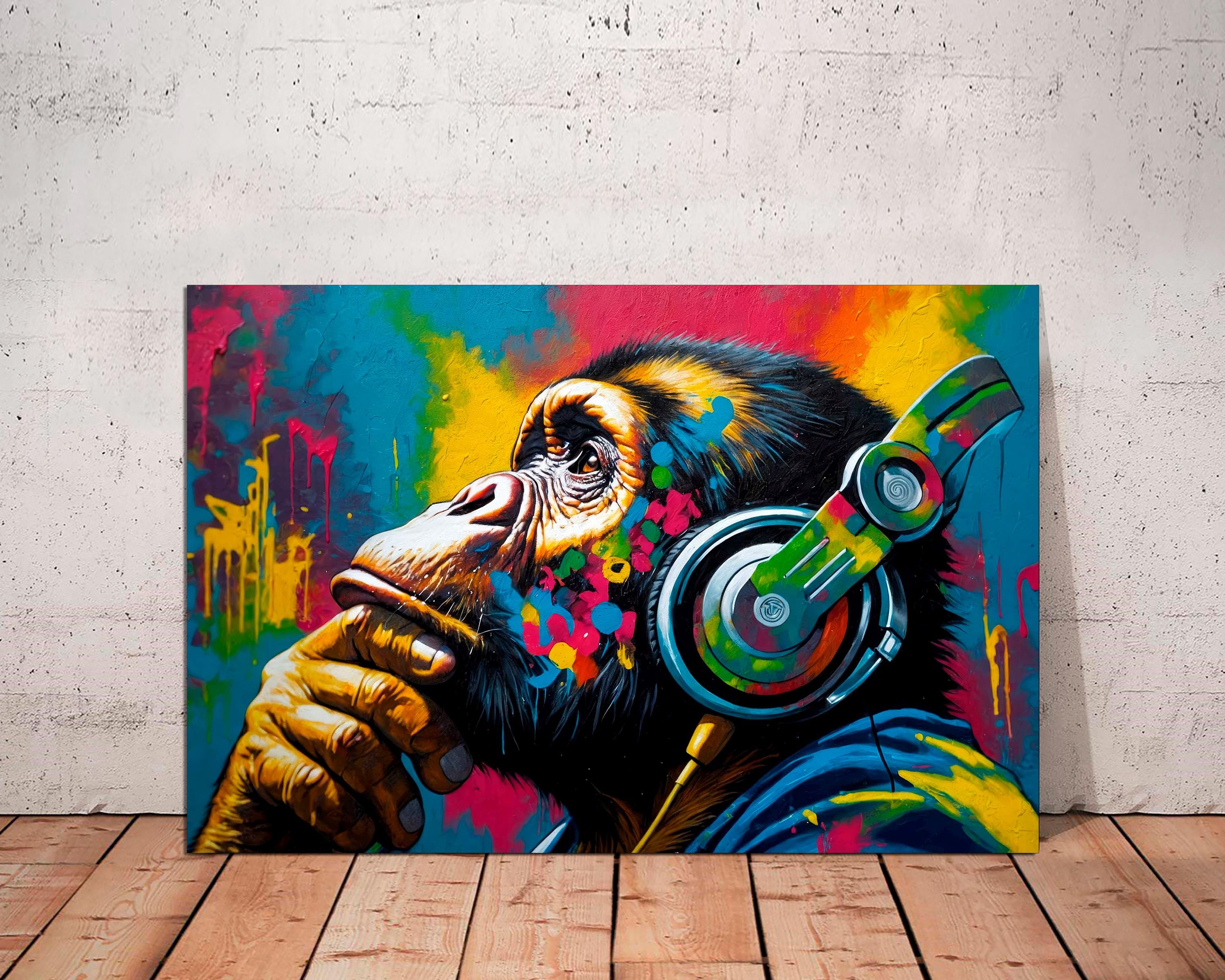 素晴らしい品質 DJ Monkey Graffiti Canvas Wall Art, Modern Urban Street Art アート・デザイン・音楽