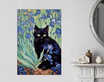 Vincent Van Gogh&#39;s Irises Cat Print, Van Gogh Cat Poster, Black Cat Art, Floral Print, Funny Cat print, Funny gift on CANVAS Ready to Hang.