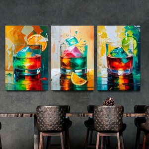 Juego de 3 impresiones en lienzo de whisky antiguo, póster de cóctel, arte de pared de bar, arte clásico de carrito de bar, accesorios de bar, decoración del hogar listo para colgar.