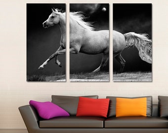 3 Panel Split (Triptych) - Canvas Print of Horse running in desert. 1.5" deep frames, wildlife photography print for living room wall decor