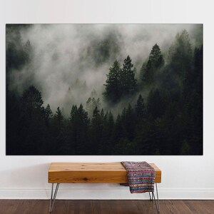 Impresión en lienzo de paisaje de montaña brumosa, arte mural de bosque, lienzo de paisaje brumoso, lienzo de naturaleza, árboles en la niebla, bosque encantado LISTO PARA COLGAR