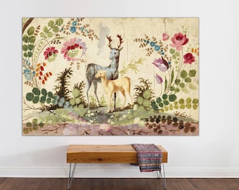 Vintage Deer Canvas Print, French Chinoiserie, Pillement Design, Ready to Hang