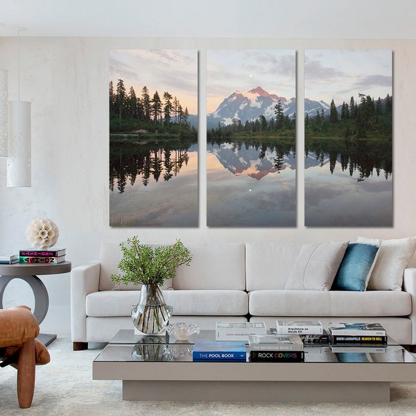 3 Panel Split (Triptych) Canvas Print. 1.5" deep frames, Beautiful Mountains and Lakes, for interior room decor, room decor.